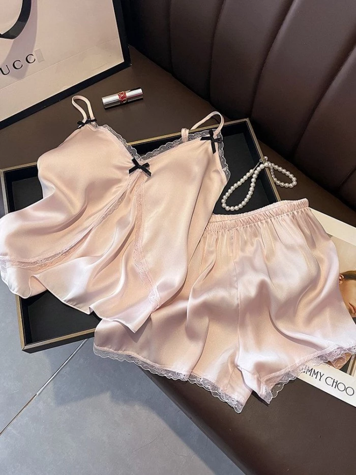 Với miếng đệm ngực, mùa hè, lụa băng và tuyết, bộ đồ ngủ, phong cách nữ, ren, ren, ngọt ngào, gợi c