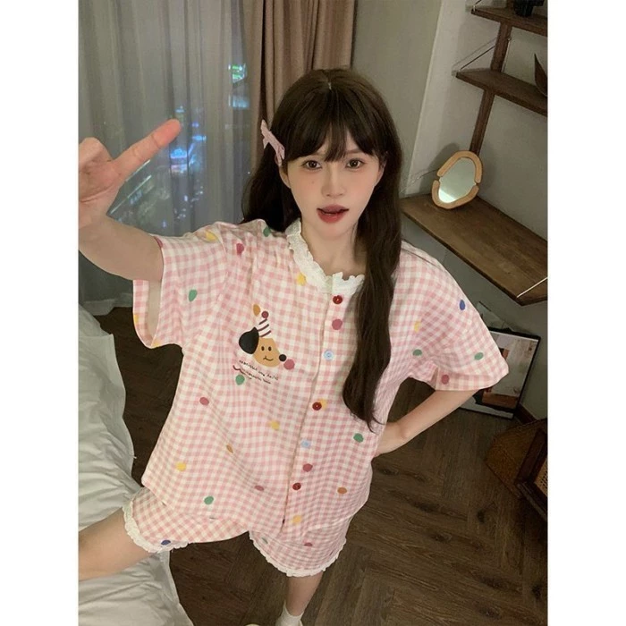 Bộ Đồ Ngủ Mới Mùa Hè Quần Short Ngắn Tay Cho Nữ Bộ Quần Áo Ở Nhà Phong Cách Nữ Tính Dễ Thương