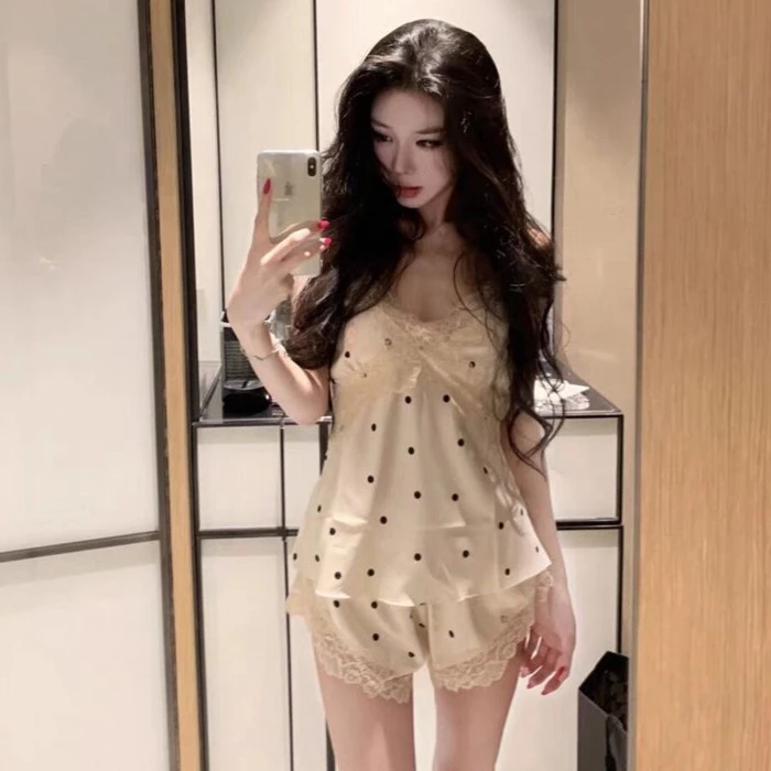 Sữa, Chấm bi, Bộ đồ ngủ, Gợi cảm, Thoáng khí, Nữ, Lụa băng, Bộ đồ ngủ, Có miếng đệm ngực, Mềm mại,