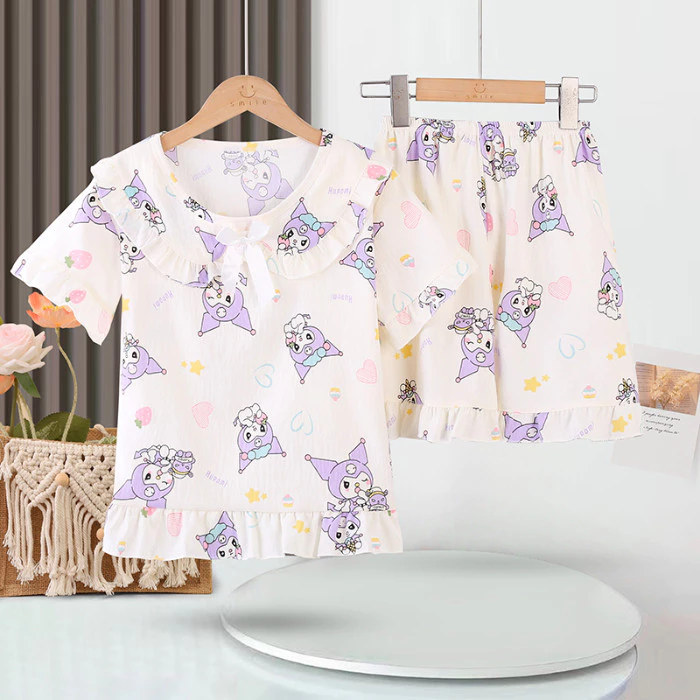 Flash Sale Quần Áo Cho Bé Thời Trang Trẻ Em Tay Ngắn Váy Ngủ Bé Gái Poly cotton Cổ Búp Bê Bộ Đồ Ngủ Cho 5 - 6 Tuổi