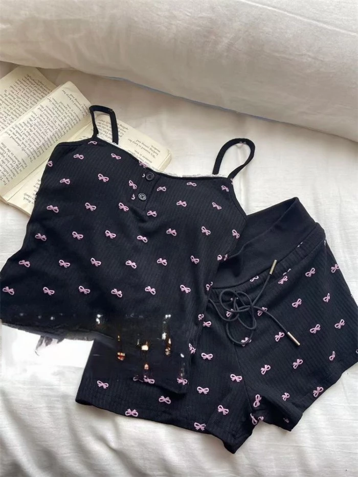Bộ đồ ngủ có dây đeo in hình nơ mùa hè dành cho nữ, Quần short ba lỗ phong cách nữ tính thuần khiết