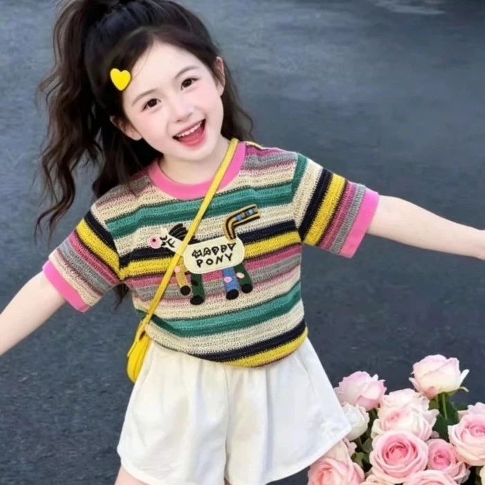 trẻ em mới sọc cầu vồng áo thun ngắn tay hoạt hình thời trang phong cách Hàn Quốc phong cách giả