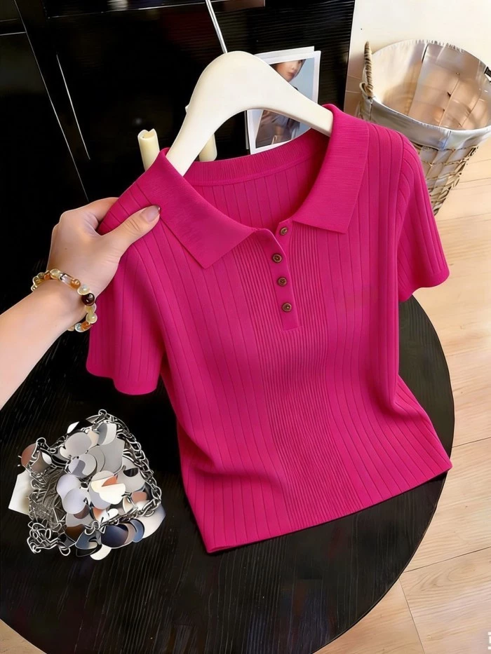 Polo đơn giản sọc pit slim fit áo len ngắn tay lụa băng hàng nút đẹp và tinh tế