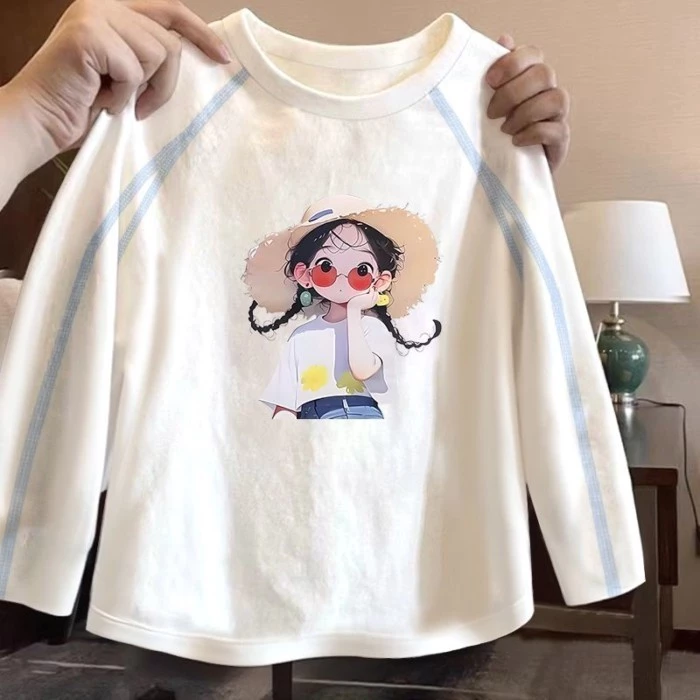 Áo thun cotton dài tay nguyên chất cho bé gái mùa xuân thu, cổ tròn in hình hoạt hình trẻ em cỡ vừa
