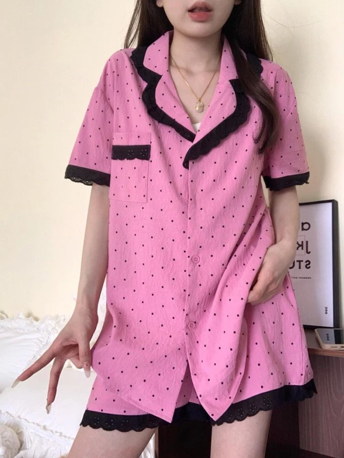 Quần lót nữ Hàn Quốc, chấm bi, đồ ngủ, mùa hè nữ, phong cách mới, ngọt ngào, ren, tay ngắn, quần sh