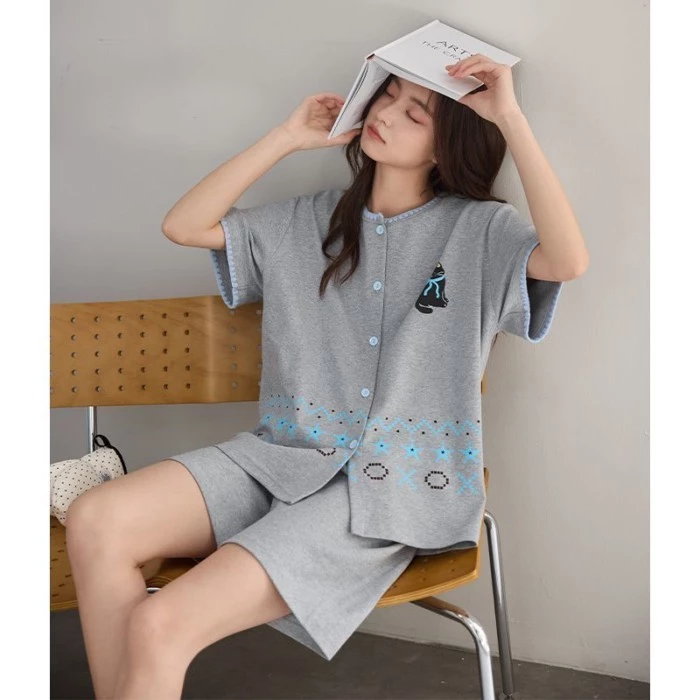 Mùa hè, thoáng khí, đồ ngủ, nữ, tay ngắn, quần short, văn học, tươi mát, rộng rãi, thoải mái, mỏng