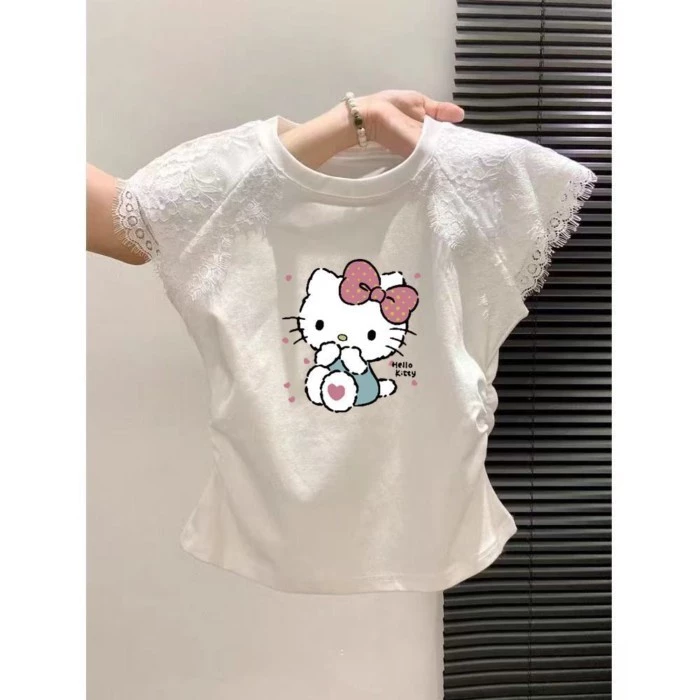 Áo phông bé gái cotton nguyên chất phối ren ngắn tay kiểu dáng ngắn mùa hè dáng ôm dành cho trẻ em