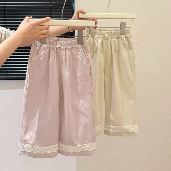 Quần áo bé gái mùa hè phong cách Hàn Quốc cotton nguyên chất phối ren quần dài bé gái quần quần trẻ