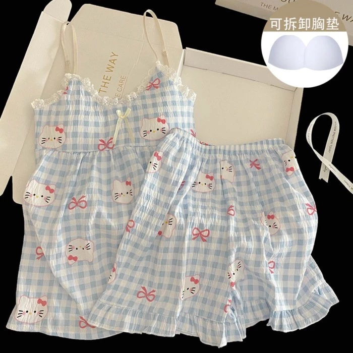 Yunduo Cotton, Bộ đồ ngủ có dây đeo, Bộ đồ, Kẻ sọc xanh, Ngọt ngào, Ren, Ren, Mùa hè, Phong cách mớ