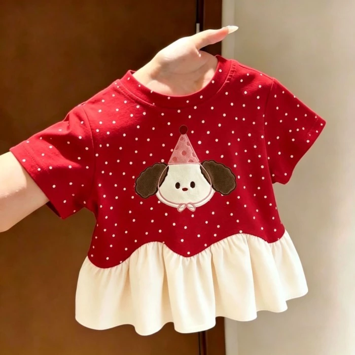 Áo thun ngắn tay thời trang mùa hè dành cho bé gái và em bé in hình chú chó con dễ thương Áo nửa ta