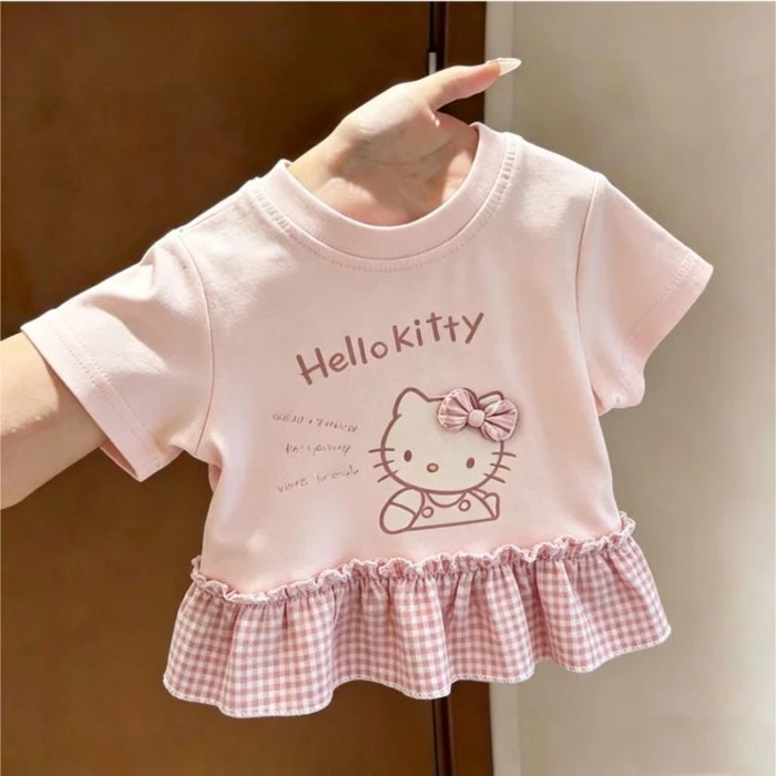 Áo thun ba chiều Hello Kitty màu hồng xòe kẻ sọc mùa hè trẻ em gầy và trẻ trung niên dễ thương