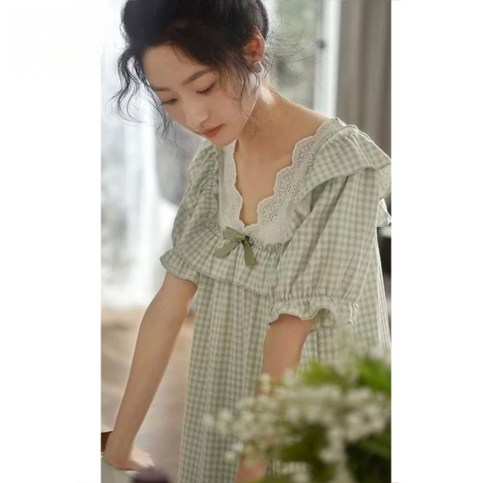 [Langsha] Váy ngủ cho nữ mùa hè cotton ngắn tay Bộ đồ ngủ dài quá đầu gối dài đến đầu gối Váy phong