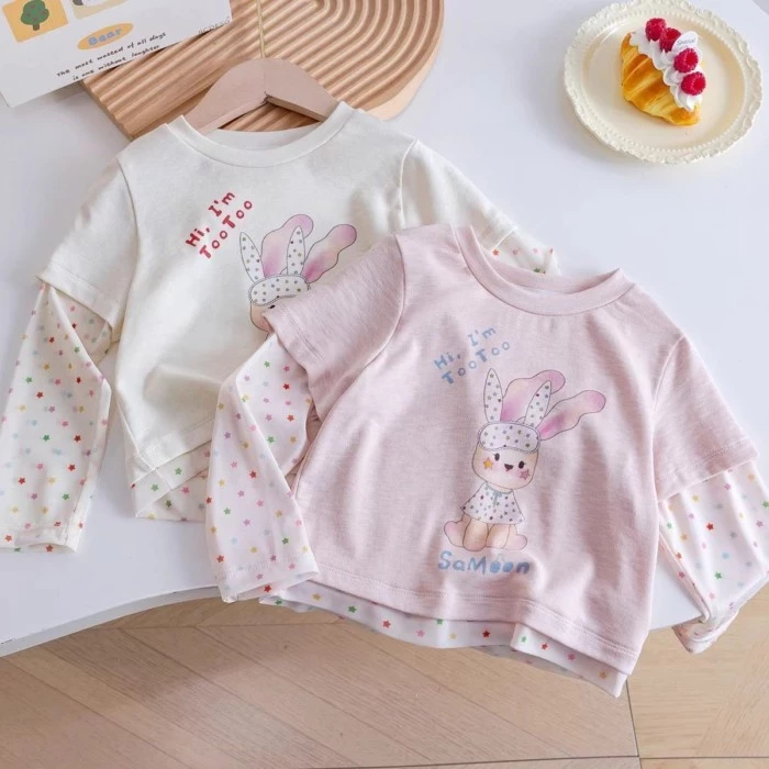 Áo thun bé gái hoạt hình thỏ dài tay mùa xuân thu bé đa năng giả hai mảnh đáy áo sơ mi dễ thương hà