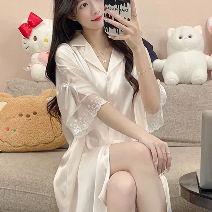 Mong muốn thuần khiết, Váy ngủ cho nữ, Mùa hè, Lụa băng, Mỏng, Tay ngắn, Bộ đồ ngủ, Quý cô, Lụa, Ph