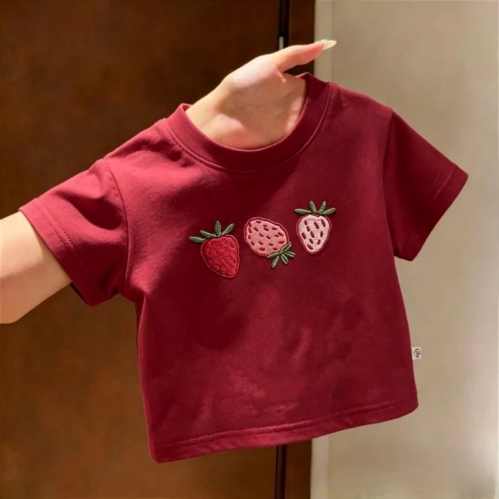 Áo thun ngắn tay giả thêu in hình hoạt hình dâu tây dễ thương cho bé trai và bé gái, áo cotton đ