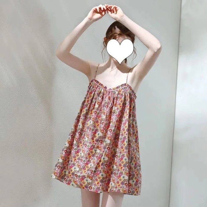 Fat Sister, Mùa hè, Thời trang, Hoa, Cổ chữ V, Không tay, Dây treo, Váy ngủ, Ngọt ngào, Hở lưng