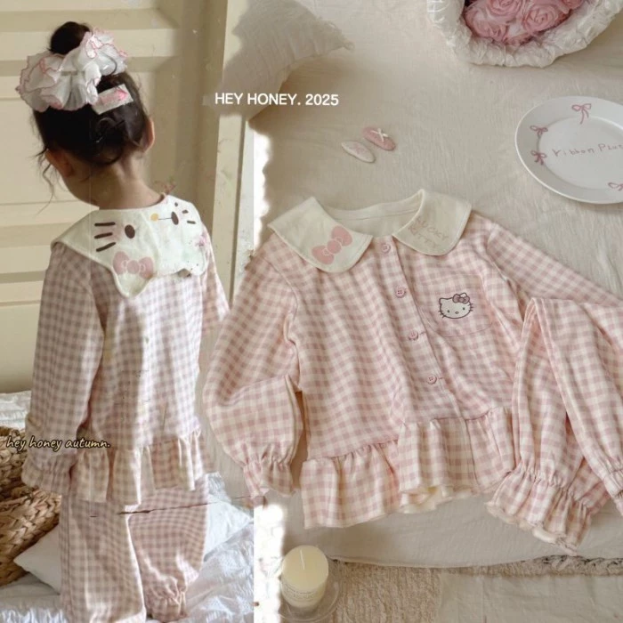 Bộ đồ hoạt hình quần áo ở nhà mèo Hellokitty có thể mặc bên ngoài Bộ đồ ngủ dài tay cho bé gái