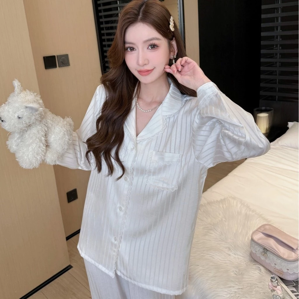 Bộ Đồ Ngủ Spring-Autumn Cho Nữ, Ren Tay Áo Ice Silk Dài, Phong Cách Thanhh lịch và Ngọt Ngào