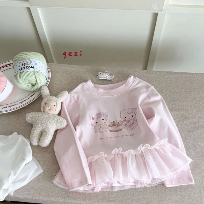 Áo thun cotton dài tay in hình hoạt hình cho bé gái dành cho trẻ em và trẻ trung niên