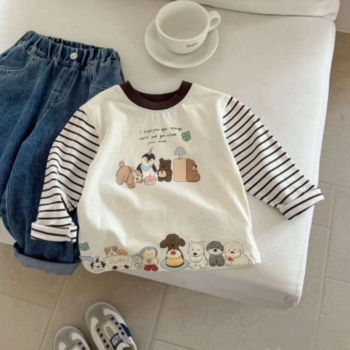 Áo phông dài tay in họa tiết cotton nguyên chất dành cho bé trai Áo thun dài tay nam và nữ