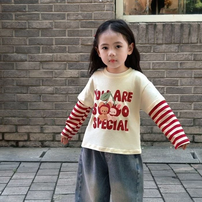 Áo Thun Bé Gái Giả 2 Mùa Thu Dài Tay Nguyên Chất Cotton Mới Hoạt Hình Cho Bé Đáy Trẻ Em Hàng Đầu