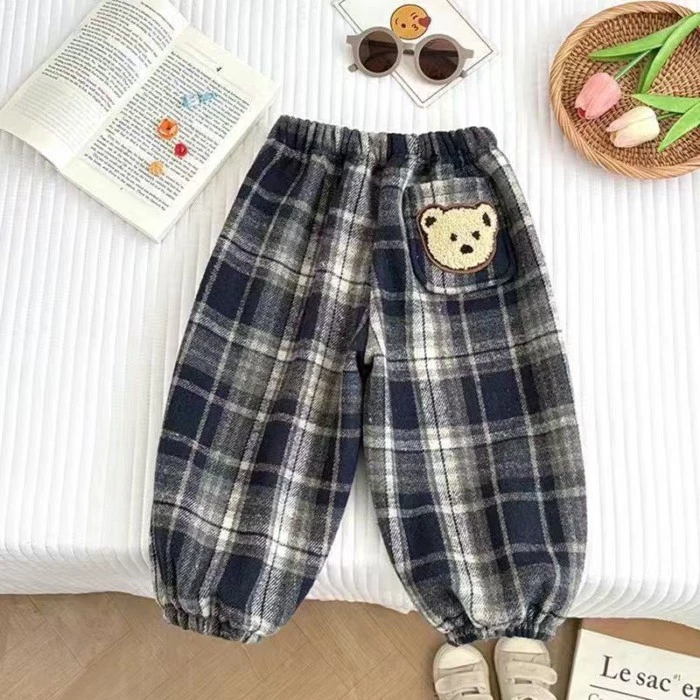 Quần áo mùa đông mới dày dặn cộng với quần nhung trẻ em sành điệu và ấm áp cho bé quần kẻ sọc thông