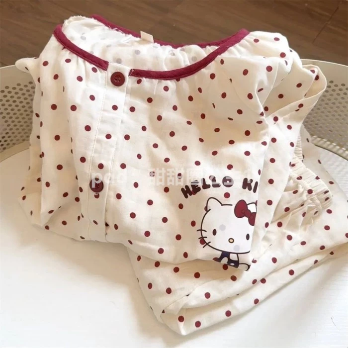 Bộ đồ ngủ mèo kitty chấm bi, quần dài tay trẻ em vừa và lớn, quần áo mặc ở nhà bằng vải cotto