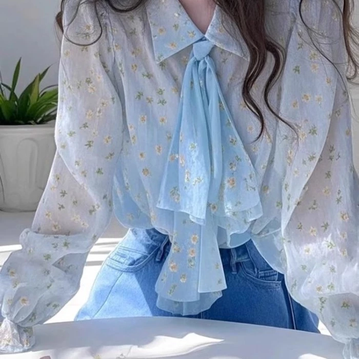 Áo sơ mi voan ruy băng phong cách Pháp cho nữ đầu xuân xanh nhạt áo hoa siêu đẹp