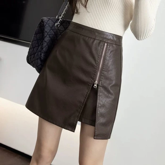 Váy xẻ tà nữ xuân thu váy ngắn da PU eo cao giảm béo Váy một bước ôm sát hông chữ A