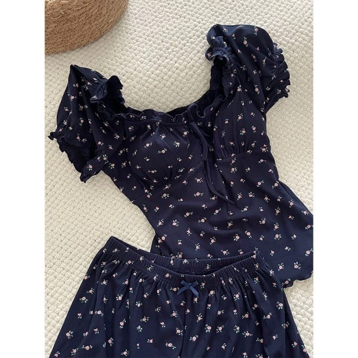Bộ đồ ngủ hoa nhỏ ren nữ quần short ngắn tay bộ đồ giảm béo mặc nhà ký túc xá