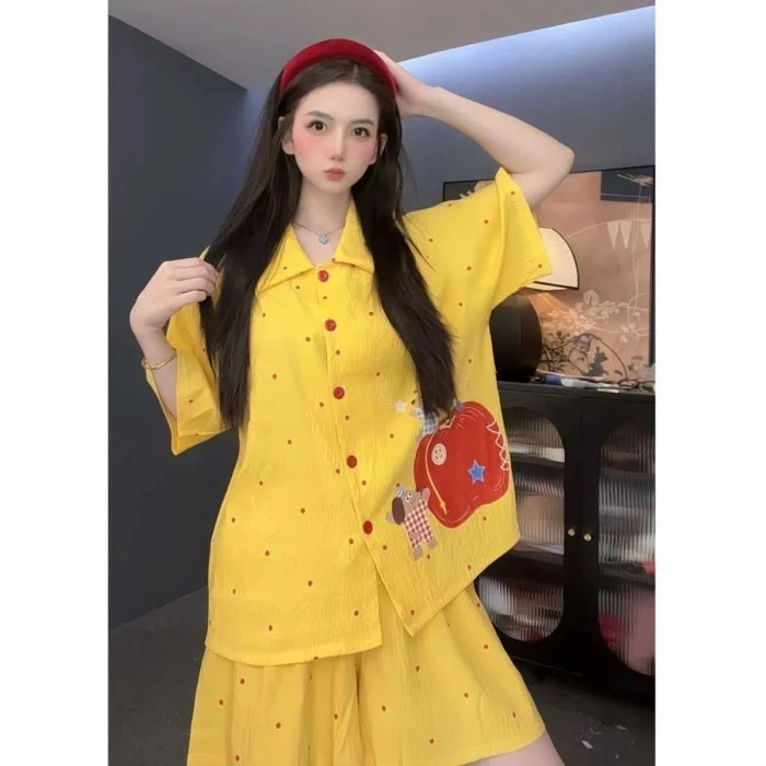 Đồ ngủ, Dễ thương, Tay ngắn, Táo, Ve áo, Quần short, Sinh viên, Mùa hè, Phong cách mới, Bộ hai mảnh