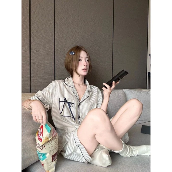 Phong cách Hàn Quốc, Sọc, Nơ, Đồ ngủ, Mùa hè nữ, 2026, Phong cách mới, Giản dị, Đồ mặc nhà, Bộ vest
