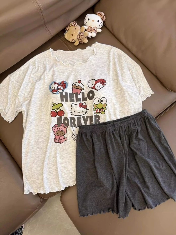 Cao cấp, Mèo Kitty, Ngắn tay, Pyjama, Mùa hè dành cho nữ, Hoạt hình, Ngọt ngào, Ngắn tay, Quần shor