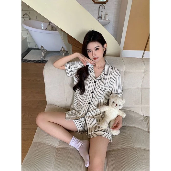 Ins Style, Sọc, Đồ ngủ, Mùa hè cho nữ, Phong cách mới, Phong cách mỏng, Tay áo ngắn, Người nổi tiến