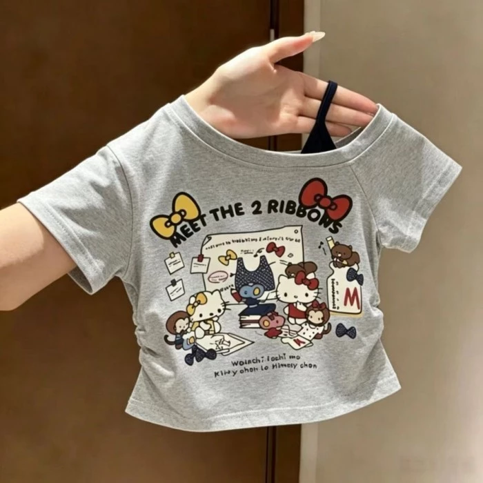 Áo thun ngắn tay bó sát hoạt hình ngọt ngào cho bé gái mùa hè vai xéo dáng ngắn dáng ôm cho bé gái