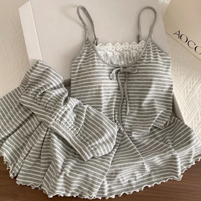 Bộ Đồ Ngủ, Bé Gái, Nơ, Mùa Hè, Phong Cách Mới, Có Miếng Lót, Sọc, Dây Treo, Bộ Đồ Ngủ, Bộ Hai Mảnh,