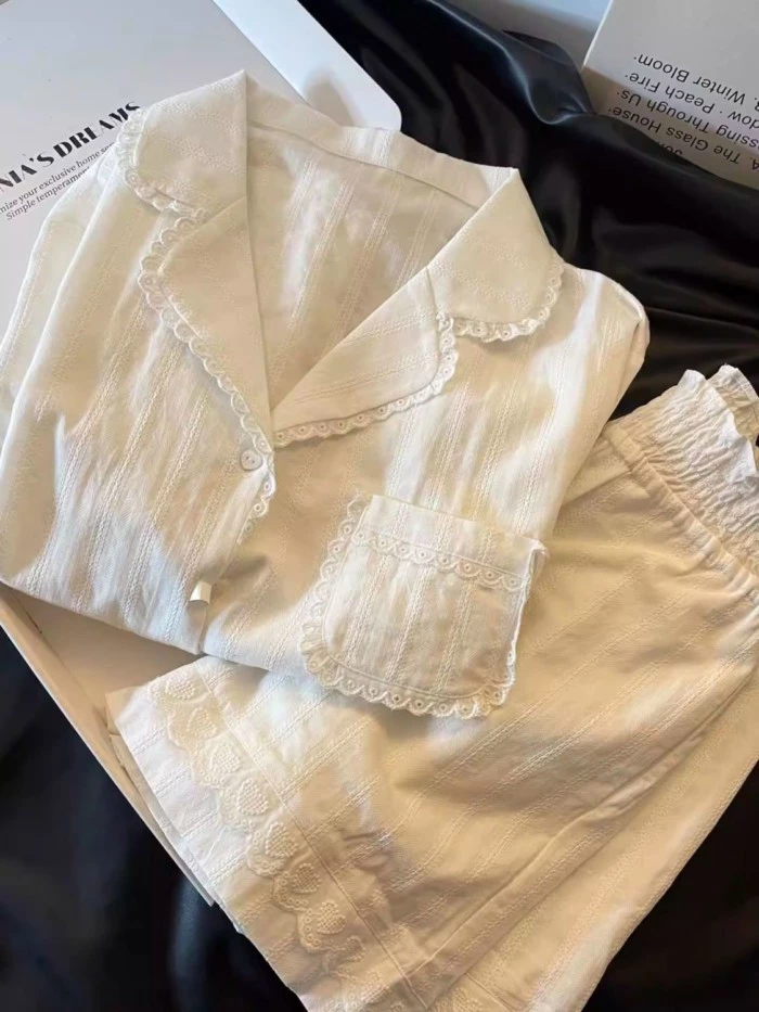 Bộ Đồ Ngủ Ren Tay Ngắn Cao Cấp Cho Nữ, Phong Cách Hàn Quốc Mùa Hè, Bộ Đồ Quần Short Đơn