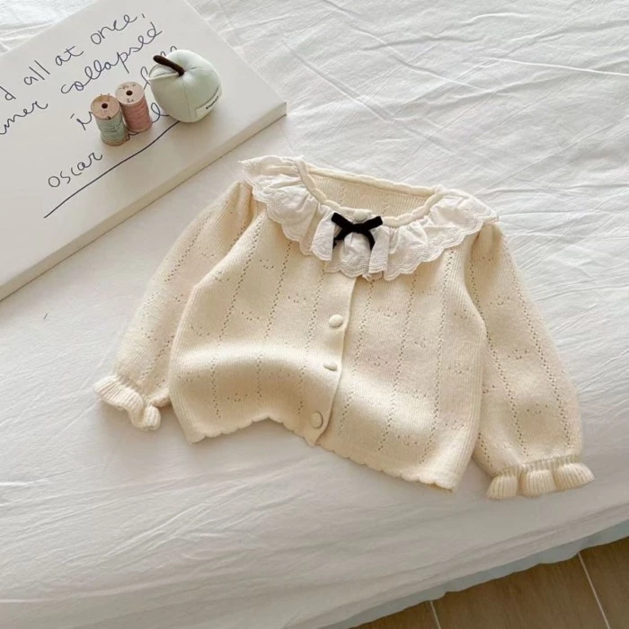 Áo len bé gái cardigan bé áo áo len dệt kim cổ áo búp bê bé gái