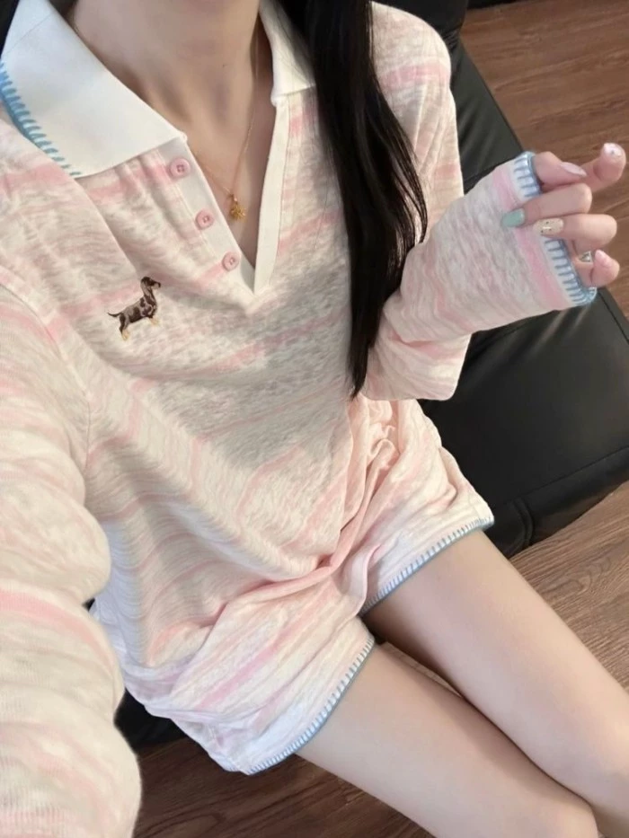 Ngọt ngào, Ve áo, Hồng nhạt, Sọc, Tay áo dài, Đồ ngủ, Nữ, Mùa hè, Thân thiện với làn da, Thoáng khí