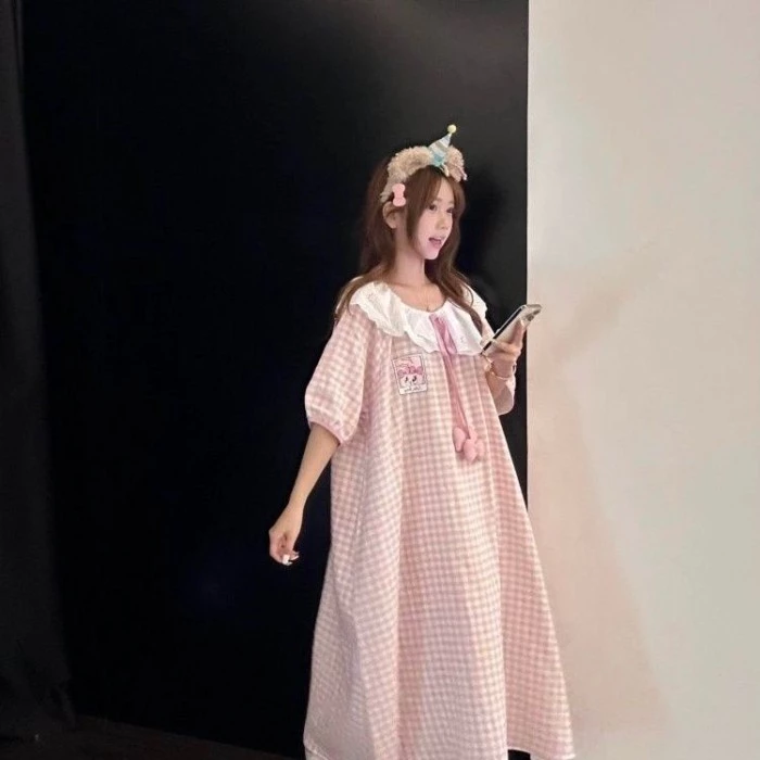 Phong cách Hàn Quốc, Ngọt ngào, Dễ thương, Ren, Cổ búp bê, Bộ đồ ngủ, Mùa hè dành cho nữ, Tay ngắn,