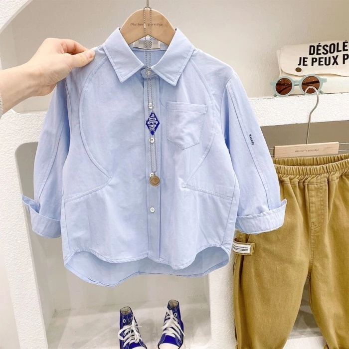Áo sơ mi dài tay preppy bé trai sành điệu, cotton nguyên chất, mùa xuân thoải mái nhất định p