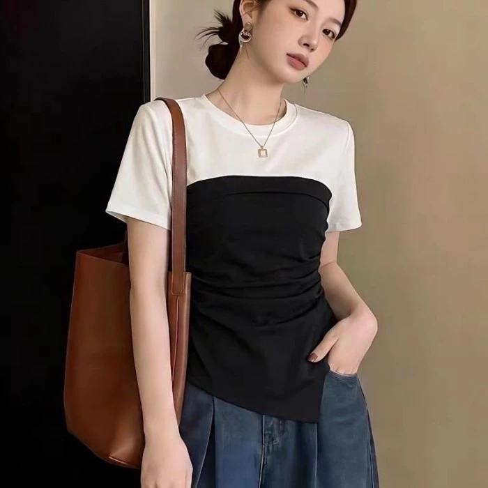 Áo thun ngắn tay hai mảnh giả vai trước tương phản màu sắc tương phản dành cho nữ mùa hè Áo sơ mi n
