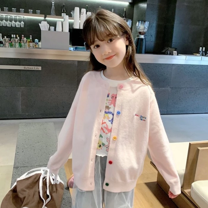 Bé Gái Cardigan Xuân Thu Mới Phong Cách Hàn Quốc Áo Len Dệt Kim Trẻ Em Áo Len Mỏng Hợp Thời Tran