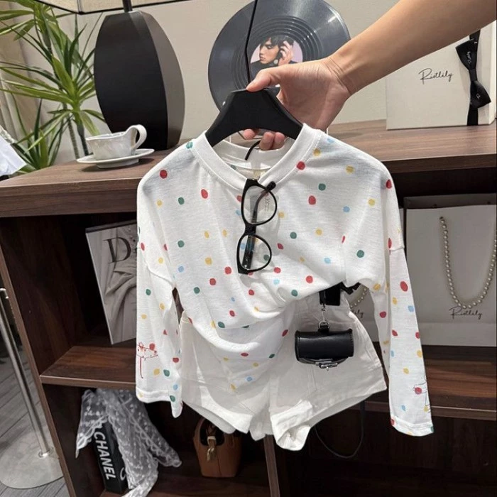 Áo thun dài tay cho bé gái in họa tiết chấm bi kiểu Hàn Quốc dáng rộng chống nắng thông thường Áo đ