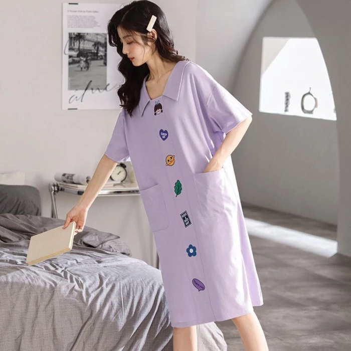 Váy ngủ mùa hè mới, thoải mái và thoáng khí, màu tím cỡ lớn, rộng, đơn giản, giản dị, mỏng