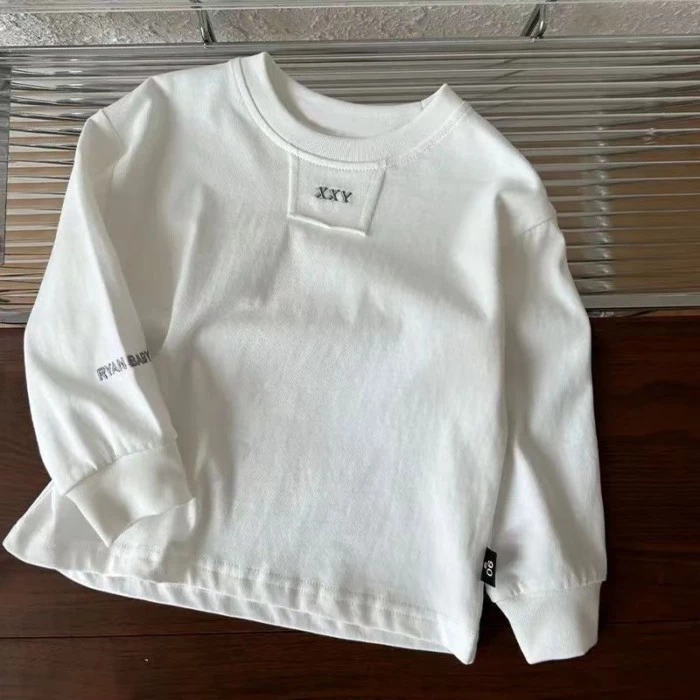 Áo thun cotton trơn dài tay thêu đáy phong cách Hàn Quốc cho bé trai và bé gái cỡ trung và lớ