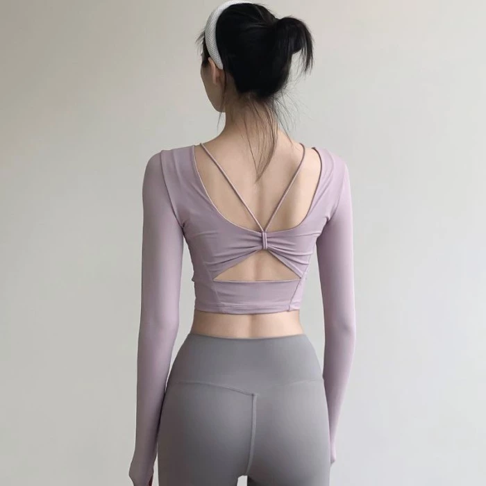 Áo thun yoga nữ dài tay, áo tập chạy bộ, áo thể dục cánh bướm