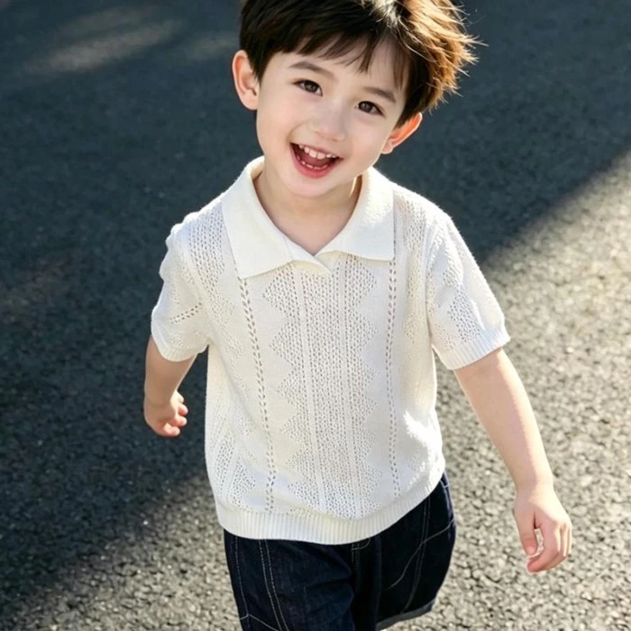 Bé trai phong cách Hàn Quốc cổ polo dệt kim ngắn tay bé trai mùa hè mỏng giản dị phong cách mát mẻ