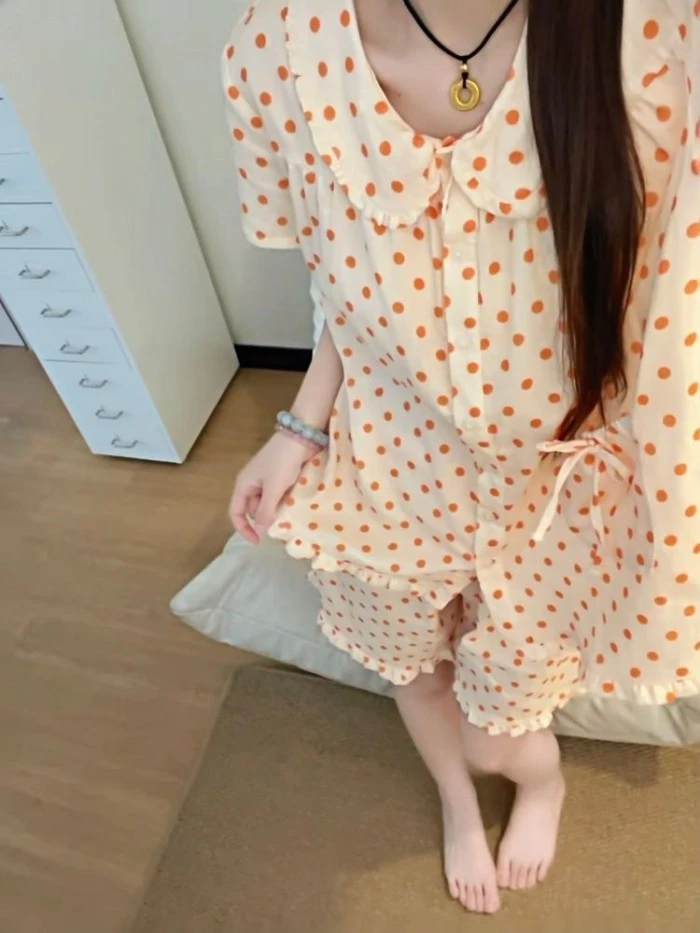 Phong cách nhẹ nhàng, Dễ thương, Dễ thương, Cổ búp bê, Cam, Chấm bi, In hình, Tay ngắn, Ren