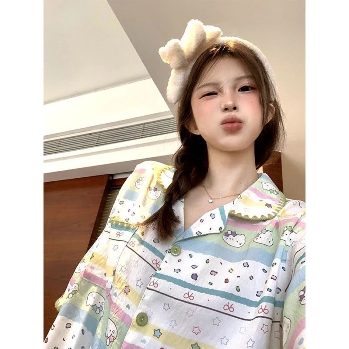 Ngọt ngào, dễ thương, mèo con, đồ ngủ, mùa hè cho nữ, phong cách mới, có thể mặc bên ngoài, tay ngắ